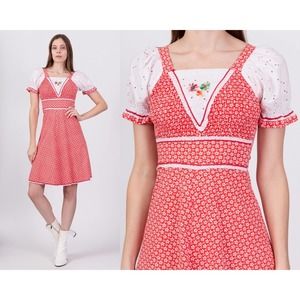 70s Red & White Floral Puff Sleeve Mini Dress - Extra‎ Small